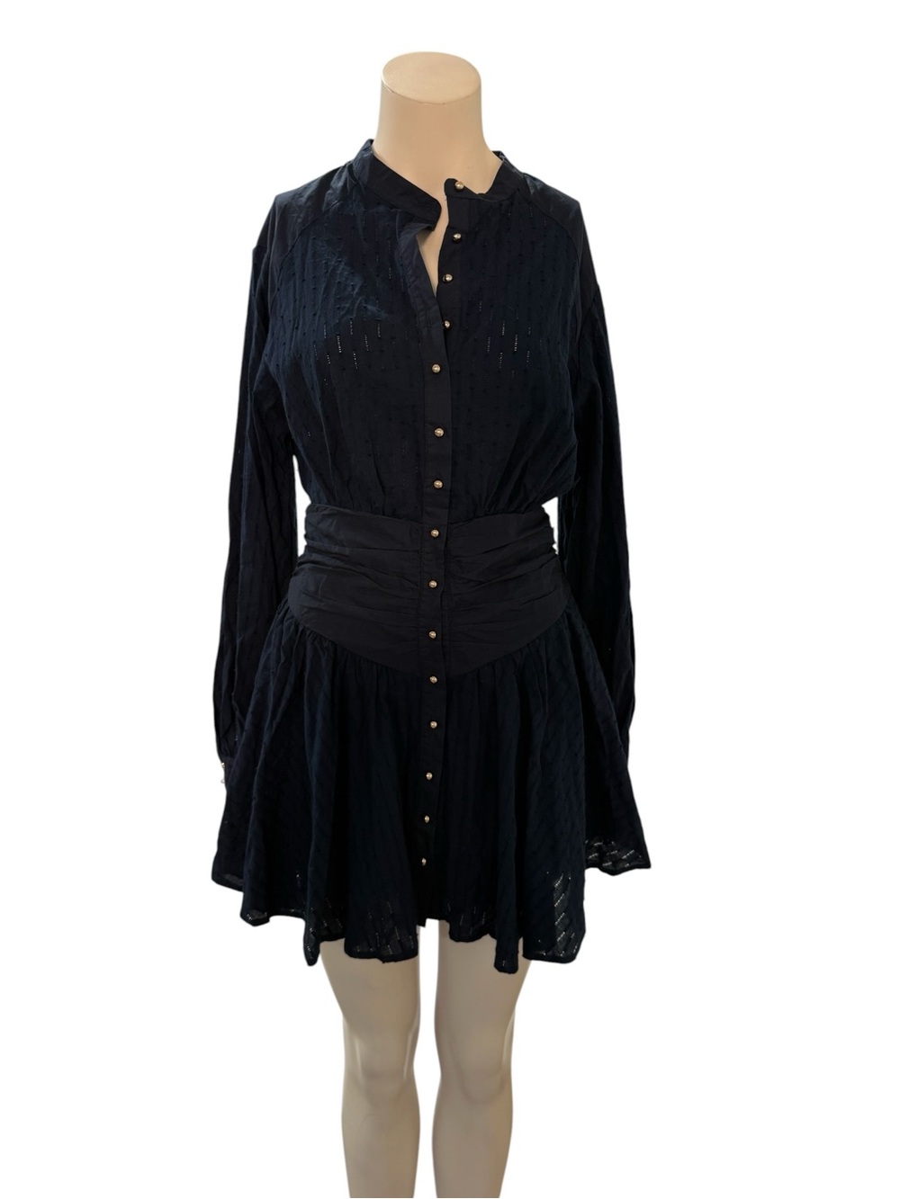 All About May Navy Blue Dobby Swiss Dot Mini Dress Ruched Waist US 4 AU 8